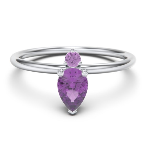Pear Ring with Round Accent Stone – Sterling Silver with Amethyst