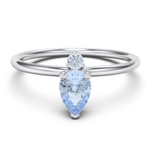 Pear Ring with Round Accent Stone – Sterling Silver with Aquamarine