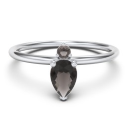 Pear Ring with Round Accent Stone in 925 Sterling Silver with Smokey Quartz