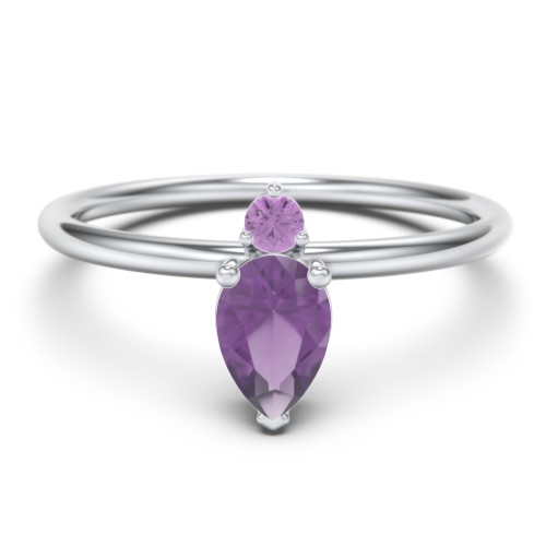 Pear Ring with Round Accent Stone – Sterling Silver with Amethyst