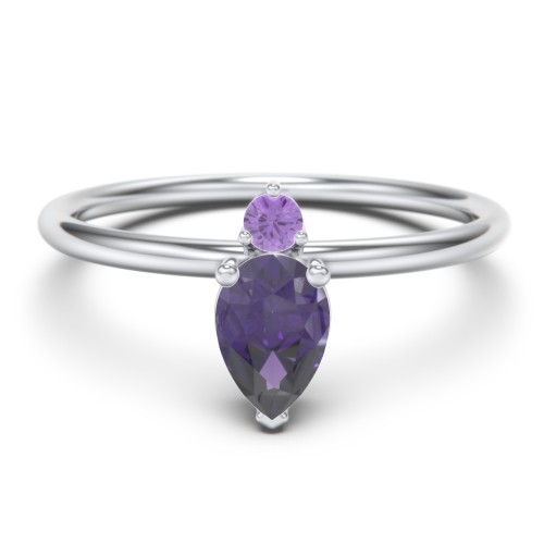 Pear Ring with Round Accent Stone – Sterling Silver with Amethyst