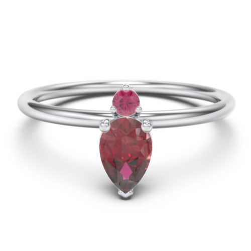 Pear Ring with Round Accent Stone – Sterling Silver with Ruby