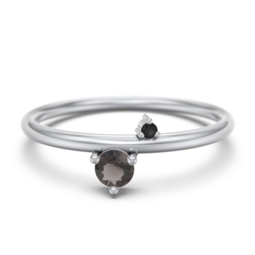 Off-Set Gemstone Stacking Ring – Sterling Silver with Smokey Quartz and Black Premium Zirconia