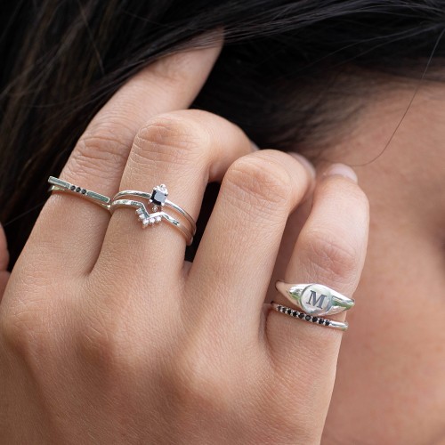 Stackable Band with Accent Gemstones – Sterling Silver with Black Premium Zirconia
