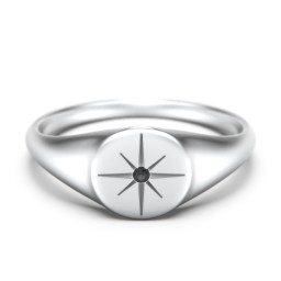 Star Set Signet Ring in 10K Solid White Gold with Black Premium Zirconia