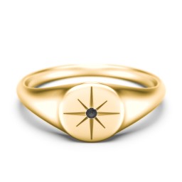 Star Set Signet Ring in 10K Solid Yellow Gold with Black Premium Zirconia