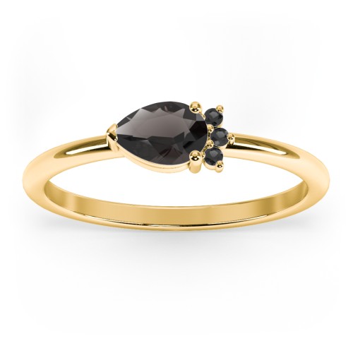 Horizontal Pear Stacking Ring with Accents – 18K Gold Plated Silver with Smokey Quartz and Black Premium Zirconia