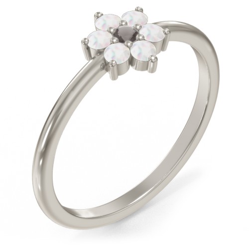 Flower Stackable Ring with Gemstones – 10K White Gold with Smokey Quartz and Opal