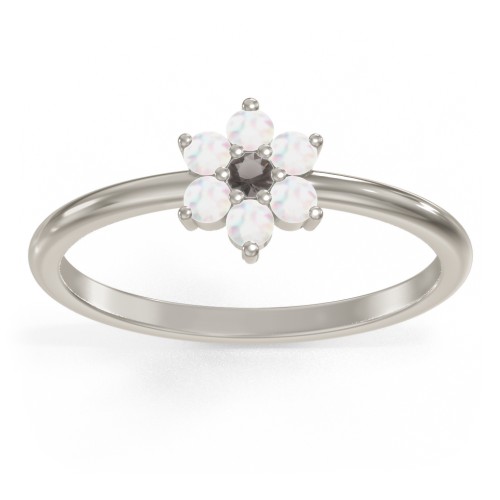 Flower Stackable Ring with Gemstones – 10K White Gold with Smokey Quartz and Opal