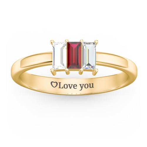 3 Stone Vertical Baguette Ring – 10K Yellow Gold with Cubic Zirconia and Garnet