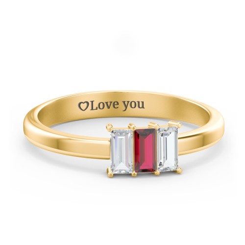 3 Stone Vertical Baguette Ring – 10K Yellow Gold with Cubic Zirconia and Garnet
