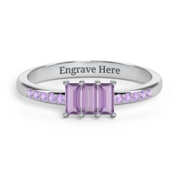 3 Stone Vertical Baguette Ring with Accents in 925 Sterling Silver with Amethyst and Amethyst Premium Zirconia