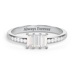 3 Stone Vertical Baguette Ring with Accents in 925 Sterling Silver with Diamond