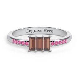 3 Stone Vertical Baguette Ring with Accents in 925 Sterling Silver with Garnet and Red Premium Zirconia