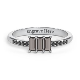 3 Stone Vertical Baguette Ring with Accents in 925 Sterling Silver with Smokey Quartz and Black Premium Zirconia