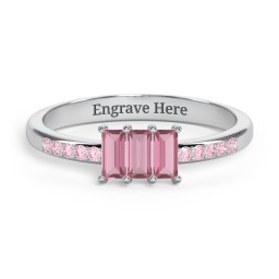 3 Stone Vertical Baguette Ring with Accents in 925 Sterling Silver with Pink Tourmaline and Fancy Pink Premium Zirconia