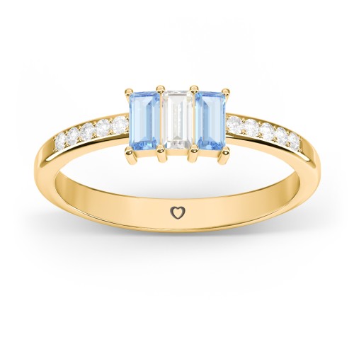 3 Stone Vertical Baguette Ring with Accents – 10K Yellow Gold with Blue Topaz, Cubic Zirconia, and White Premium Zirconia