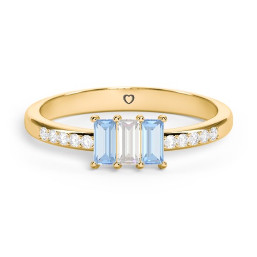 3 Stone Vertical Baguette Ring with Accents – 10K Yellow Gold with Blue Topaz, Cubic Zirconia, and White Premium Zirconia