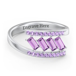 Tilted Baguette Bypass Ring with Accents in 925 Sterling Silver with Amethyst and Amethyst Premium Zirconia