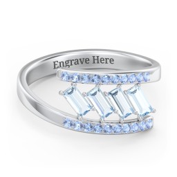 Tilted Baguette Bypass Ring with Accents in 925 Sterling Silver with Aquamarine and Fancy Blue Premium Zirconia