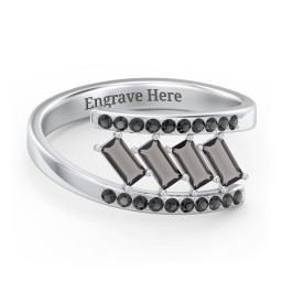 Tilted Baguette Bypass Ring with Accents in 925 Sterling Silver with Smokey Quartz and Black Premium Zirconia