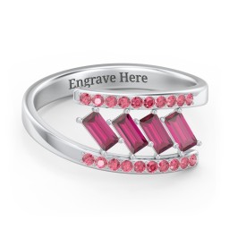 Tilted Baguette Bypass Ring with Accents in 925 Sterling Silver with Ruby and Red Premium Zirconia