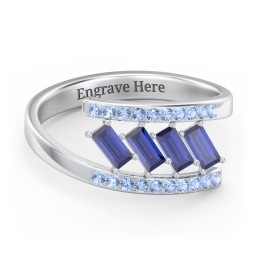 Tilted Baguette Bypass Ring with Accents in 925 Sterling Silver with Blue Sapphire and Fancy Blue Premium Zirconia