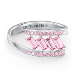 Tilted Baguette Bypass Ring with Accents in 925 Sterling Silver with Pink Tourmaline and Fancy Pink Premium Zirconia
