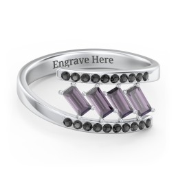Tilted Baguette Bypass Ring with Accents in 925 Sterling Silver with Alexandrite and Black Premium Zirconia