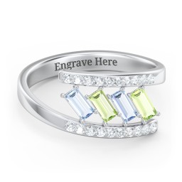 Tilted Baguette Bypass Ring with Accents in 925 Sterling Silver with Aquamarine, Peridot, and White Premium Zirconia