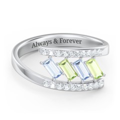 Tilted Baguette Bypass Ring with Accents – 10K Yellow Gold with Aquamarine, Peridot, and White Premium Zirconia