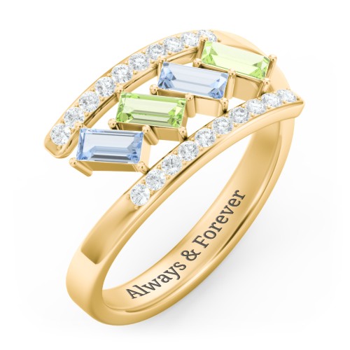 Tilted Baguette Bypass Ring with Accents – 10K Yellow Gold with Aquamarine, Peridot, and White Premium Zirconia