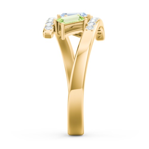 Tilted Baguette Bypass Ring with Accents – 10K Yellow Gold with Aquamarine, Peridot, and White Premium Zirconia