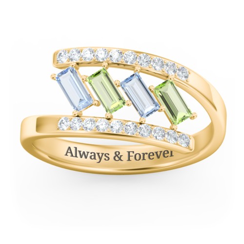 Tilted Baguette Bypass Ring with Accents – 10K Yellow Gold with Aquamarine, Peridot, and White Premium Zirconia