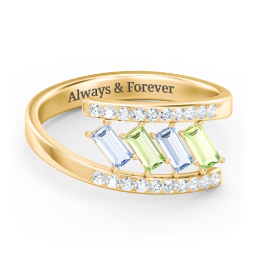 Tilted Baguette Bypass Ring with Accents – 10K Yellow Gold with Aquamarine, Peridot, and White Premium Zirconia