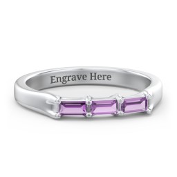 3 Stone Horizontal Baguette Ring in 925 Sterling Silver with Amethyst