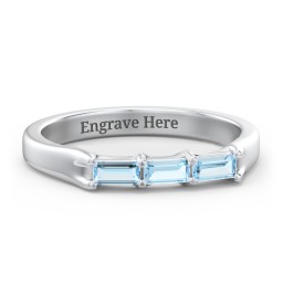 3 Stone Horizontal Baguette Ring in 925 Sterling Silver with Blue Topaz