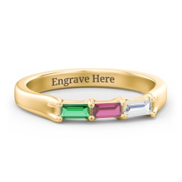 3 Stone Horizontal Baguette Ring in 10K Solid Yellow Gold with Emerald, Ruby, and Cubic Zirconia