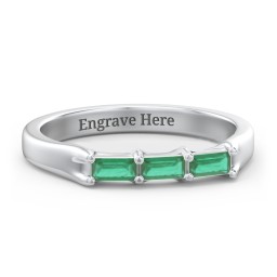 3 Stone Horizontal Baguette Ring in 925 Sterling Silver with Emerald