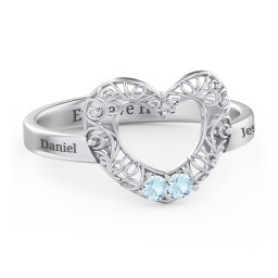Filigree Heart Ring with Birthstones in 925 Sterling Silver with Blue Topaz