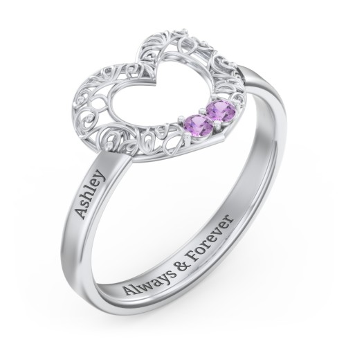 Filigree Heart Ring with Birthstones – Sterling Silver with Amethyst