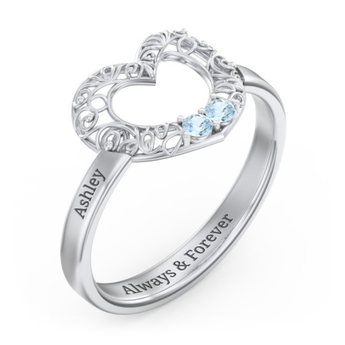 Filigree Heart Ring with Birthstones – Sterling Silver with Blue Topaz