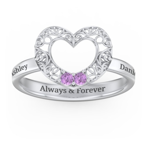 Filigree Heart Ring with Birthstones – Sterling Silver with Amethyst