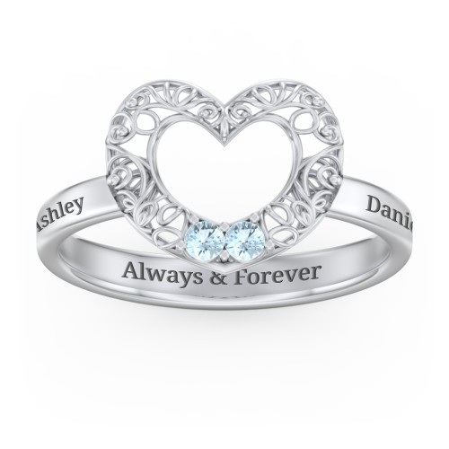 Filigree Heart Ring with Birthstones – Sterling Silver with Blue Topaz
