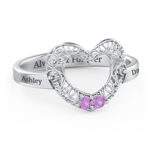 Filigree Heart Ring with Birthstones – Sterling Silver with Amethyst