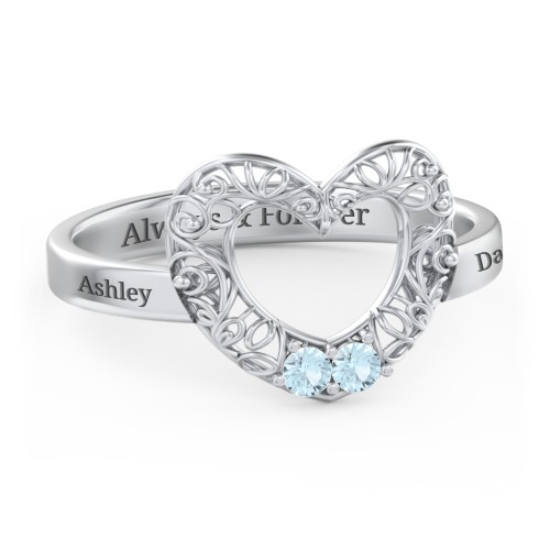 Filigree Heart Ring with Birthstones – Sterling Silver with Blue Topaz