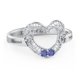 Filigree Heart Ring with Birthstones in 925 Sterling Silver with Blue Sapphire