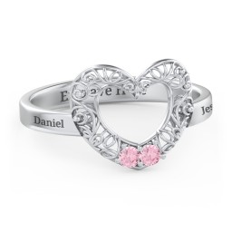 Filigree Heart Ring with Birthstones in 925 Sterling Silver with Pink Tourmaline