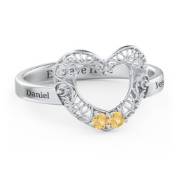 Filigree Heart Ring with Birthstones in 925 Sterling Silver with Citrine