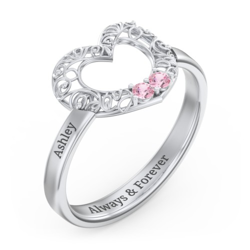 Filigree Heart Ring with Birthstones – Sterling Silver with Pink Tourmaline